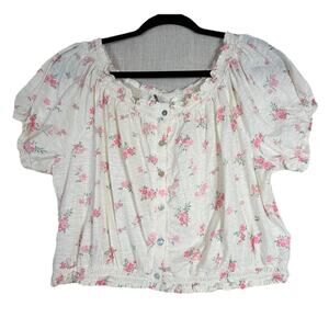 Lucky Brand Women Lg Milkmaid Crop Top White Pink Flower Boho Cottagecore